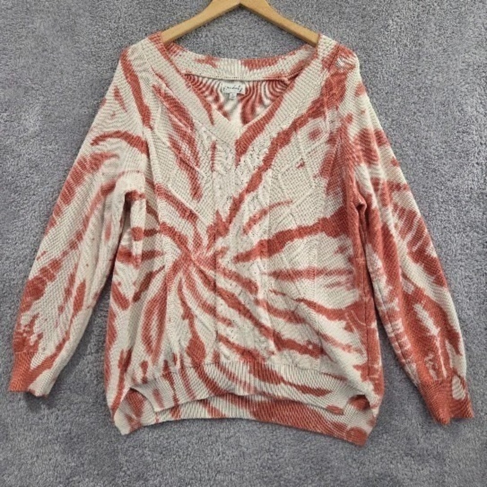 Wonderly Cable Knit Sweater Women's Large Terracotta Tie Dye V-Neck Cotton Blend